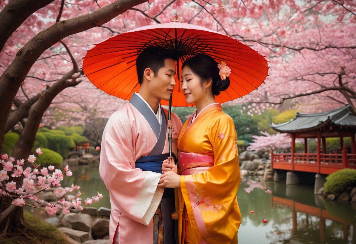 A captivating collage showcasing various Asian love stories, featuring intimate moments like a couple sharing an umbrella under cherry blossom trees, a tea ceremony, and traditional attire from different cultures. Include warm colors and soft lighting to enhance the romantic atmosphere, with symbols of love like lotus flowers and lanterns subtly integrated throughout the background. painting. vibrant colors.