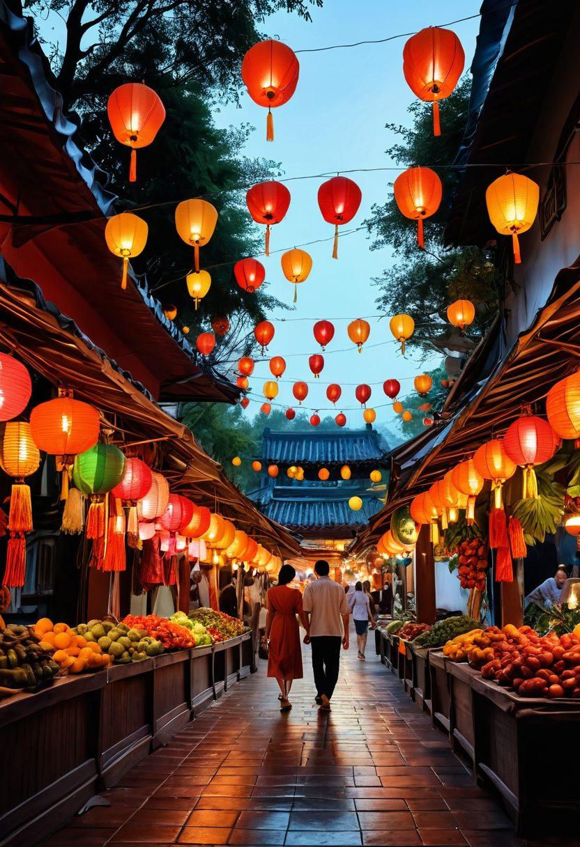 A serene landscape featuring a couple exploring a bustling Asian market, vibrant lanterns overhead, traditional stalls filled with exotic fruits, and an air of romance and intrigue. In the background, hints of cultural landmarks weave through lush greenery, encapsulating the essence of modern relationships amidst tradition. Warm colors and soft lighting enhance the romantic atmosphere, inviting viewers into the scene. super-realistic. vibrant colors. natural lighting.