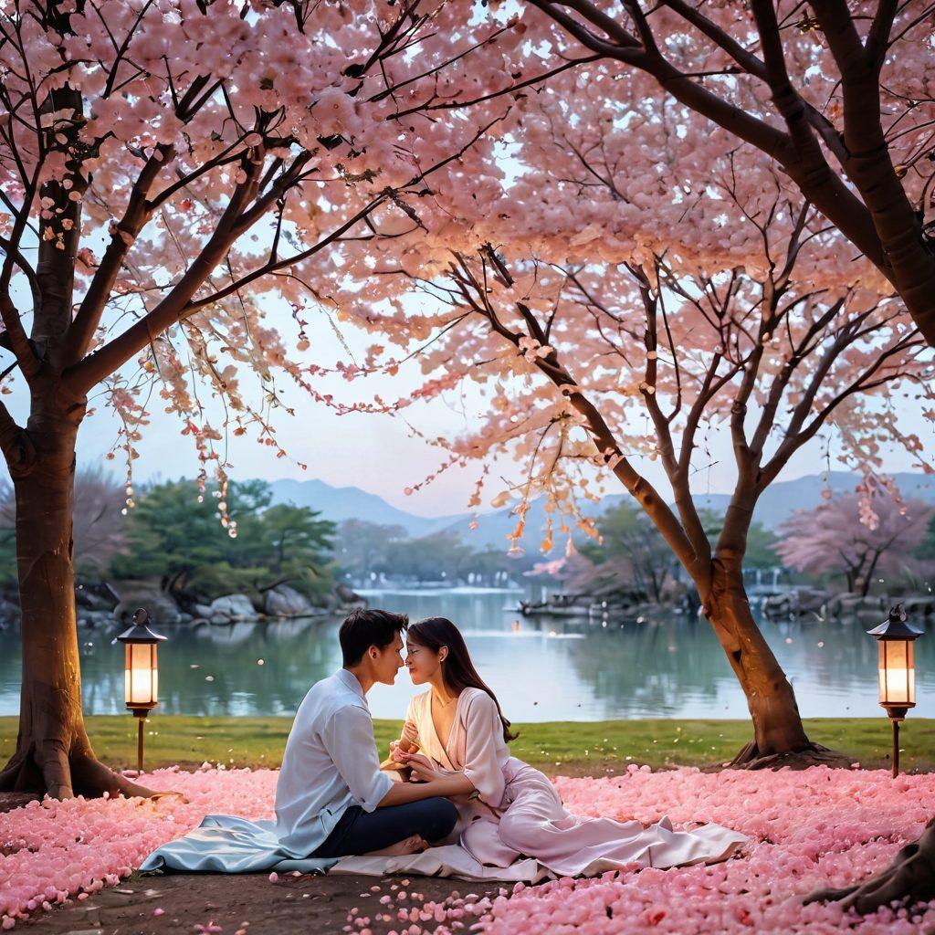 A romantic outdoor setting featuring a young Asian couple sharing an intimate moment under a cherry blossom tree, surrounded by soft petals falling. The scene captures a blend of traditional and modern Asian elements, with lanterns subtly glowing in the background. The couple's expressions convey warmth and deep connection, symbolizing the journey from flirting to commitment. Soft pastel colors enhance the dreamy atmosphere. super-realistic. vibrant colors.